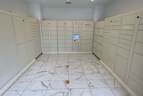 A smart locker system from Package Nexus demonstrating features and design