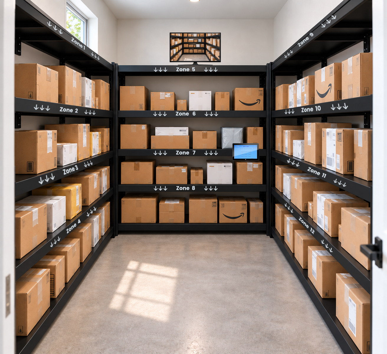 Illustration of a package room with wall-mounted shelving and a resident, showing one possible use of an existing room for package storage. | Package Nexus