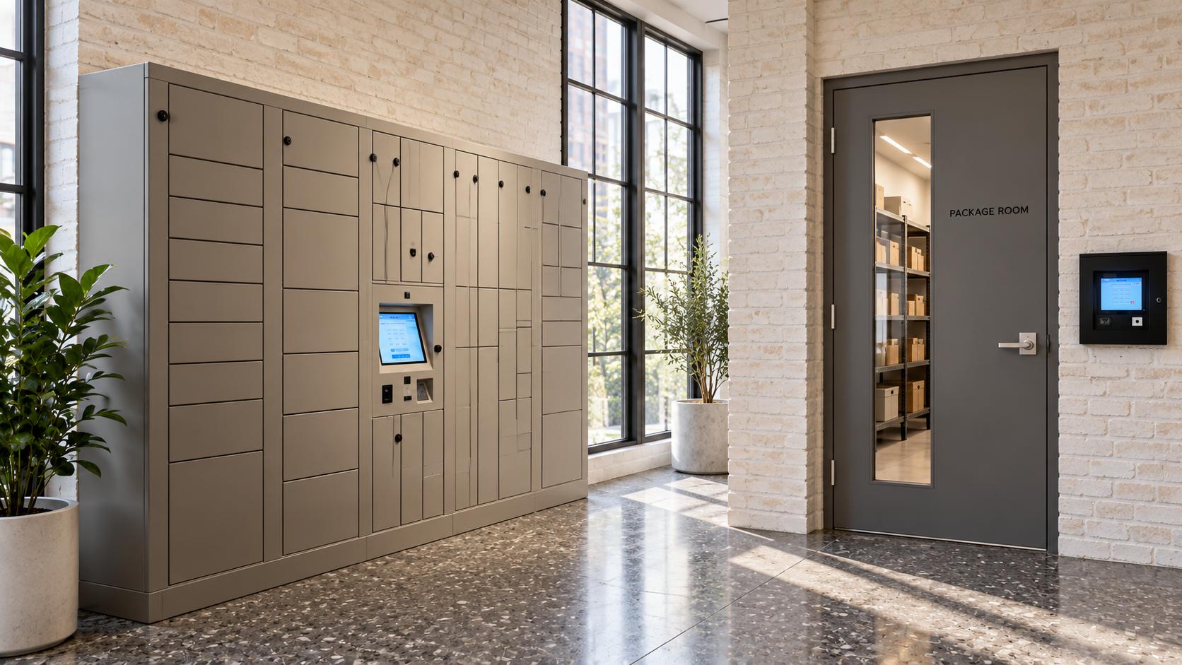 Concept illustration of gray parcel lockers beside a controlled-access package room with shelving in a renovated apartment building | Package Nexus